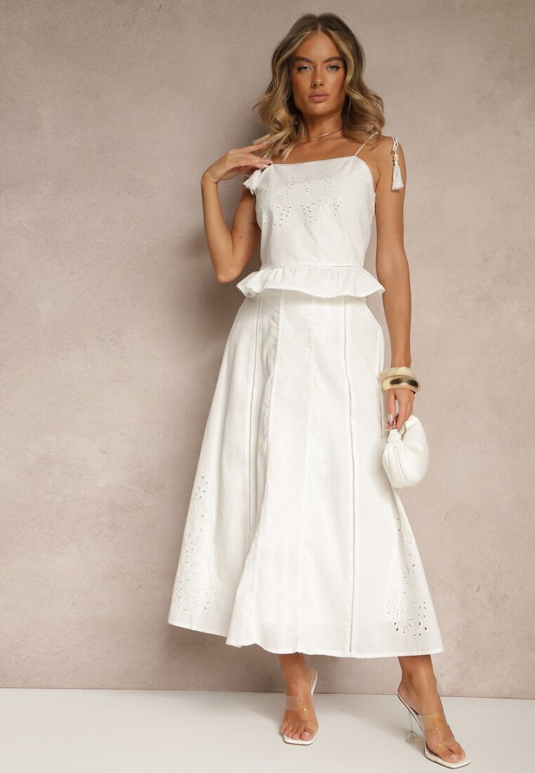 Fustă Cloș Albă din Bumbac cu Detalii Brodate Tolanisse