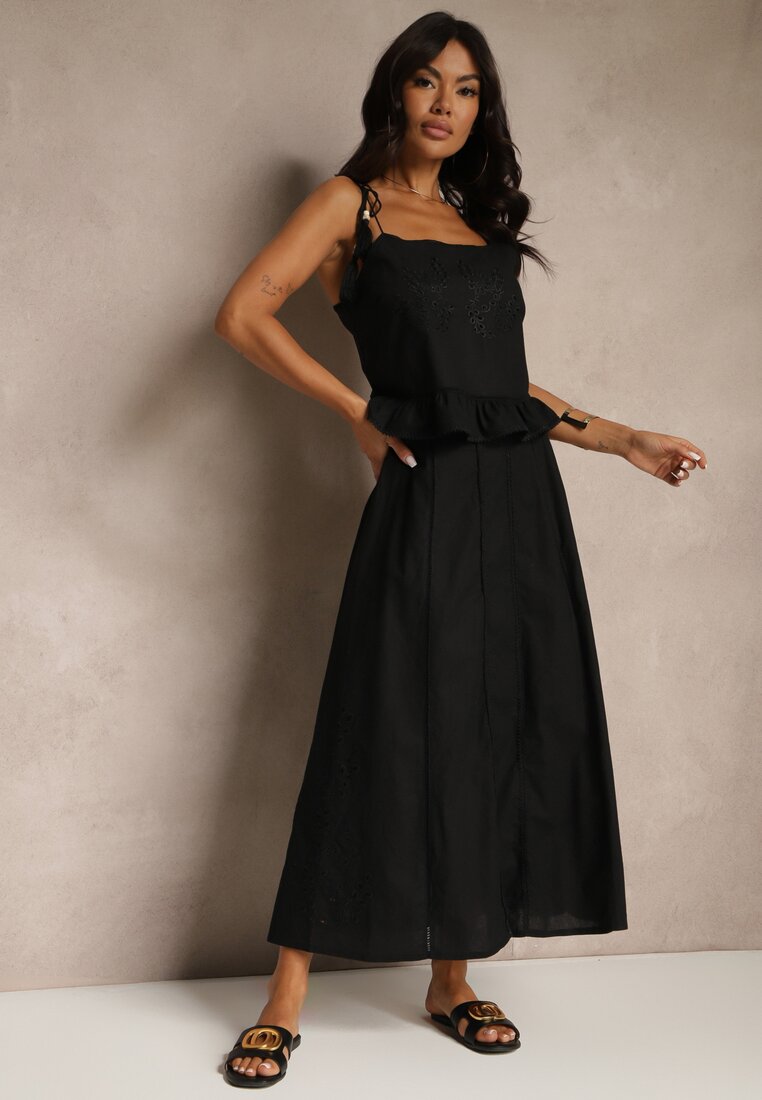 Fustă Neagră Evazată din Bumbac cu Detalii Brodate Tolanisse