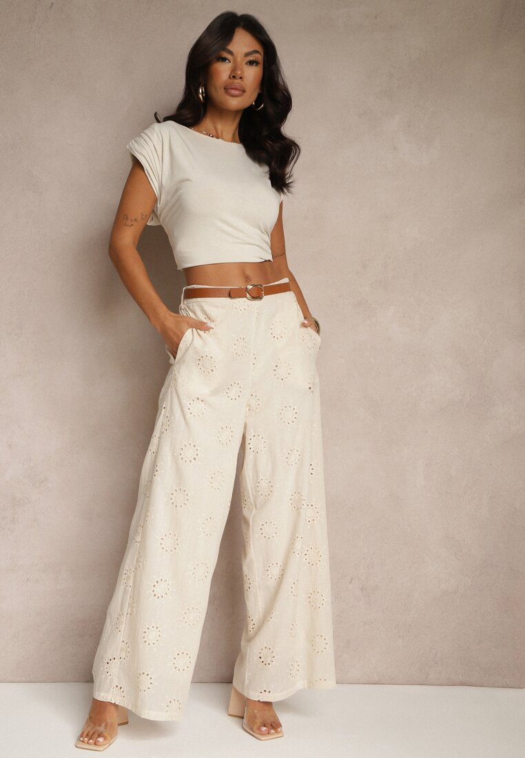 Pantaloni Drepti Bej din Bumbac cu Broderie și Decorațiuni Perforate Tolazia