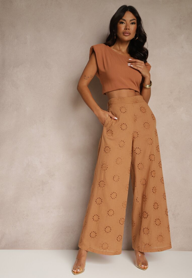 Pantaloni drepți maro din bumbac cu broderie și decorațiuni ajurate Tolazia