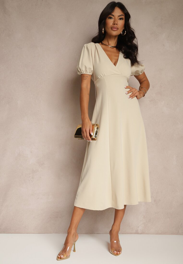 Rochie de cocktail Bej Evazată Decorată cu legătură Ziverine