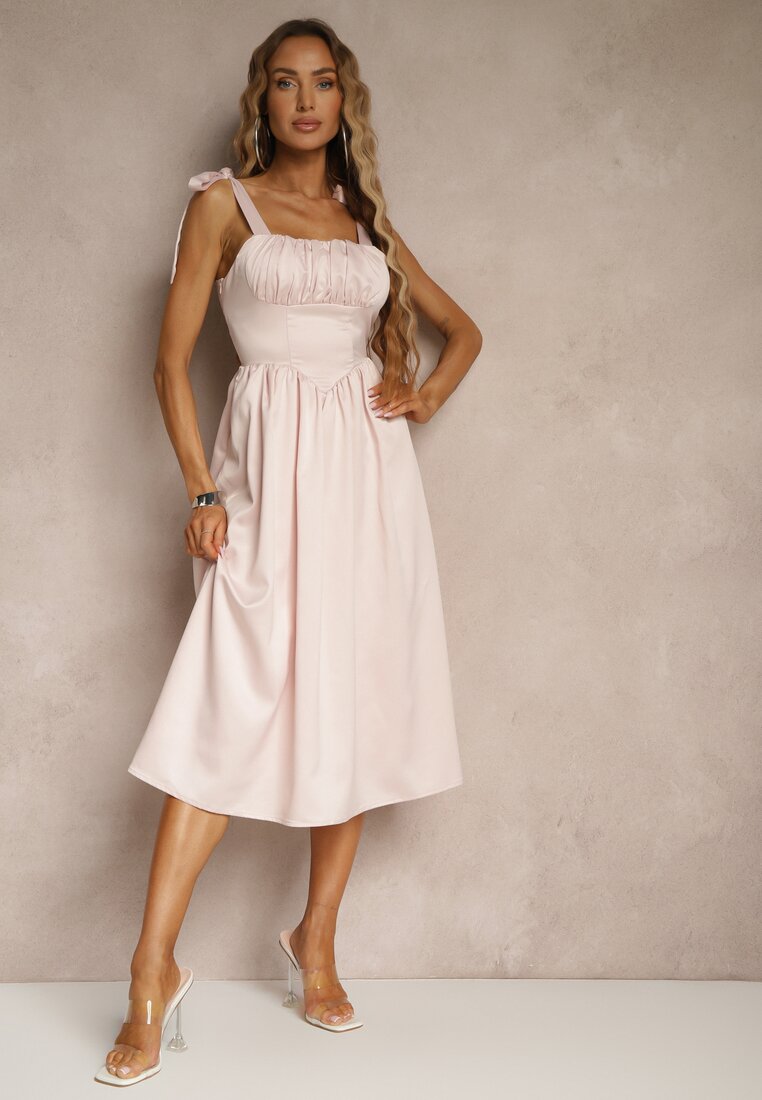 Rochie Roz Vices cu croi evazat cu bretele legate Natirise