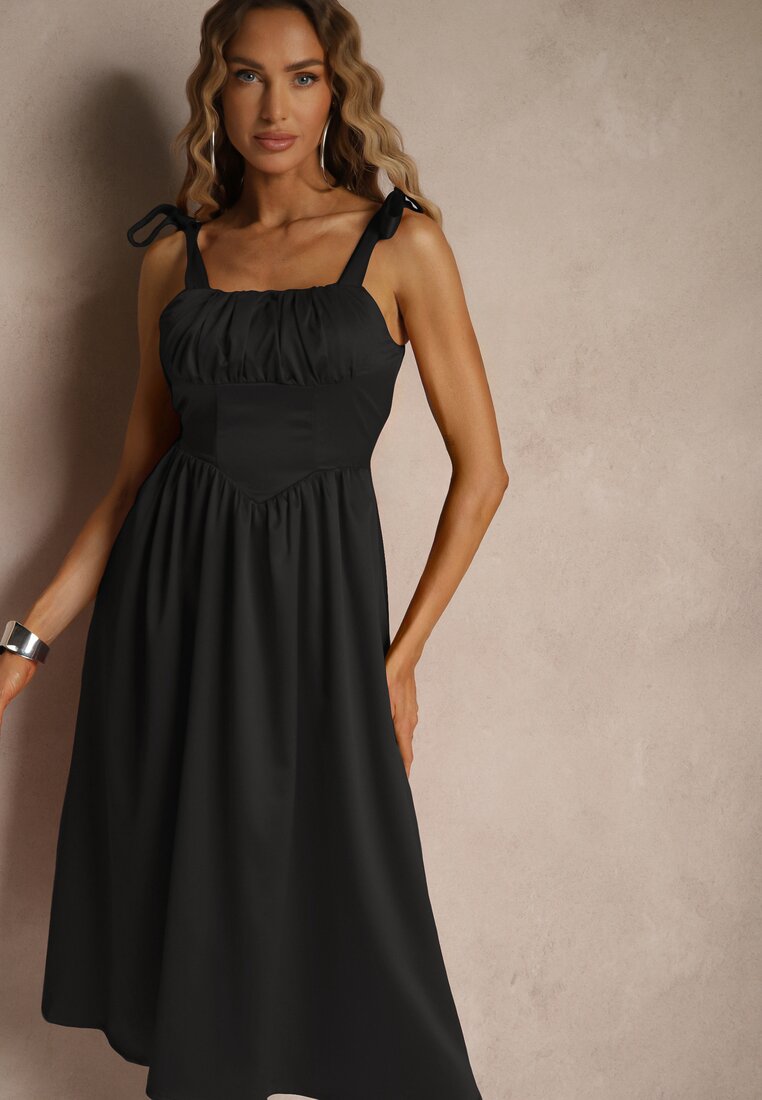 Rochie Neagră Vices cu Croială Evazată cu Bretele Legate Natirise