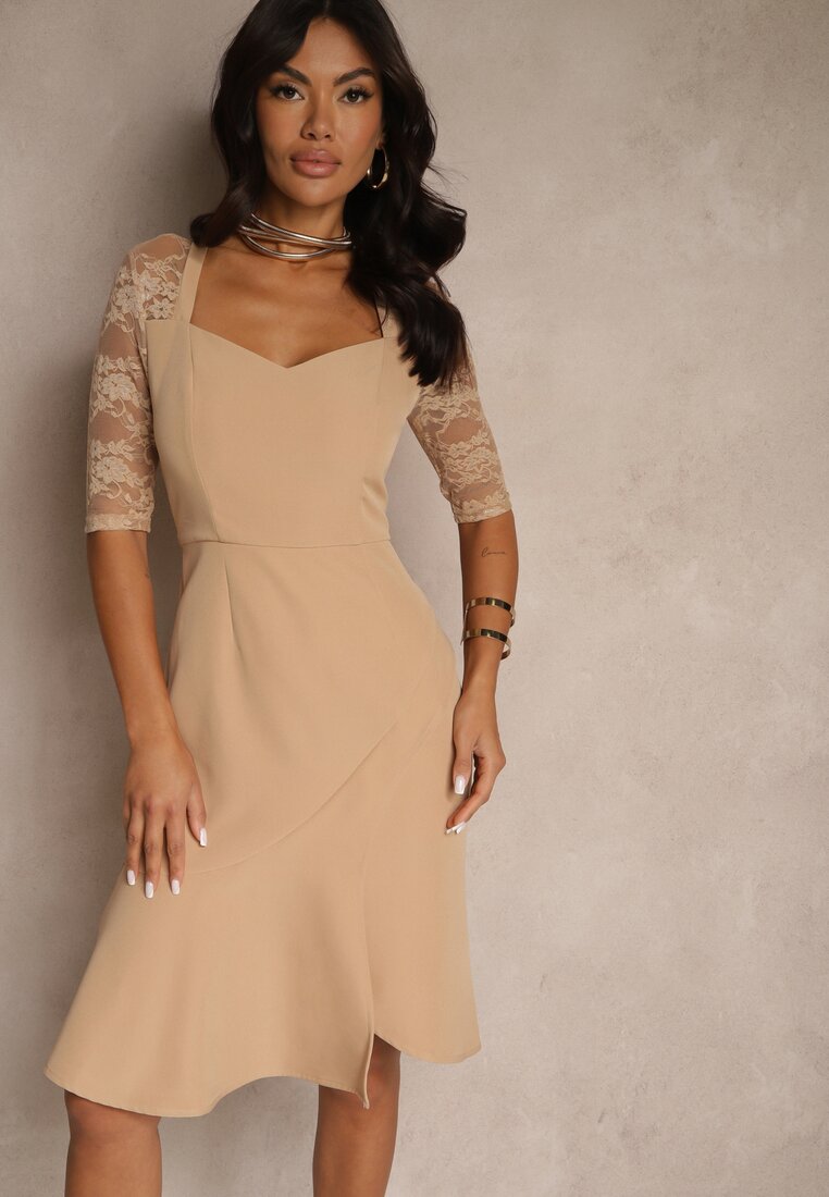 Rochie Bej Mulată Vices cu Croi Asimetric Decorată cu Dantelă Natileira