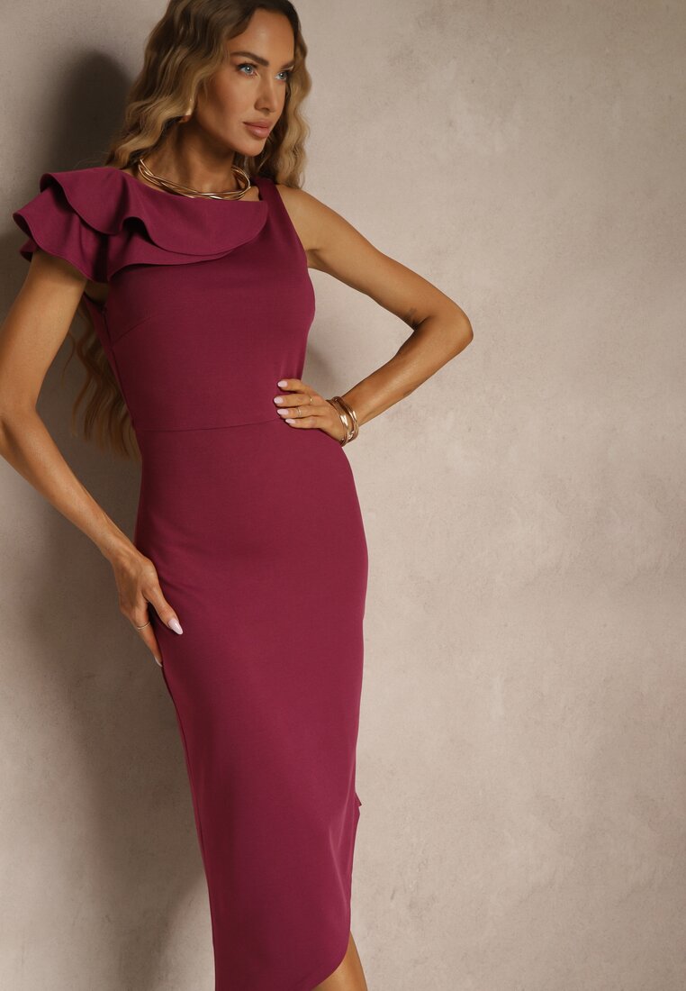 Rochie asimetrică violet Vices de cocktail decorată cu volan Zivorin