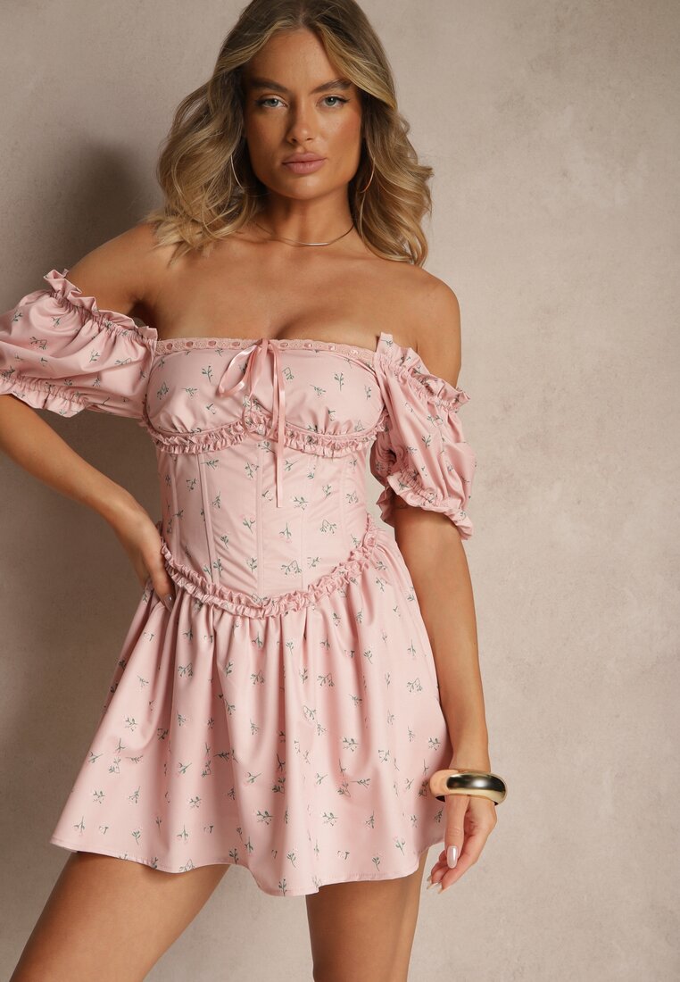 Rochie Roz Vices Decorată cu legătură, volane și mâneci bufante cu flori Tolilea