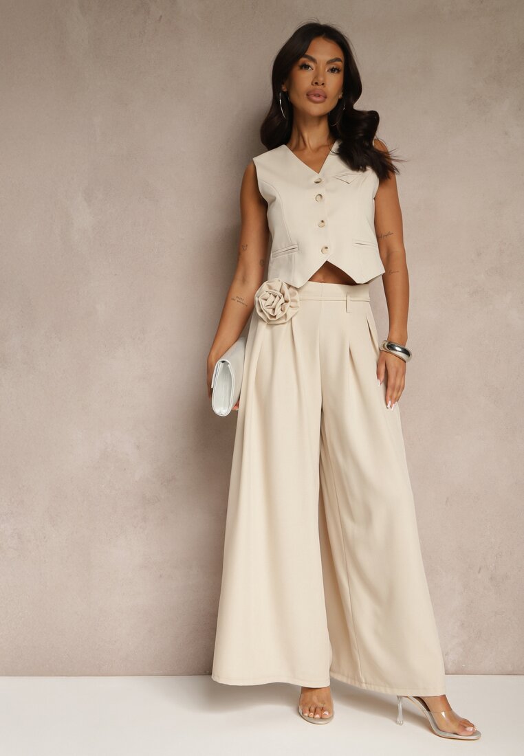 Pantaloni Bej Palazzo Decorați cu Broșă Floare Lirace