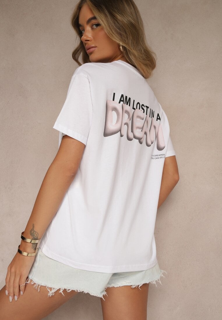 T-shirt Alb-Roz din Bumbac Decorat cu Imprimeu Adneria