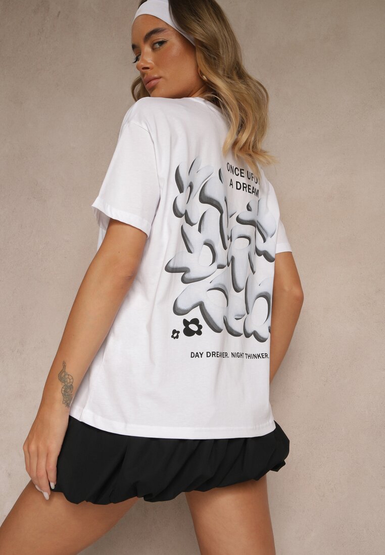 Tricou Alb-Albastru din Bumbac Decorat cu Imprimeu Adneria