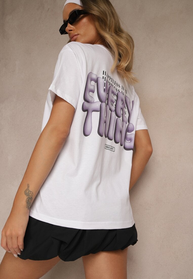 Tricou Alb-Violet din Bumbac Decorat cu Imprimeu Adneria
