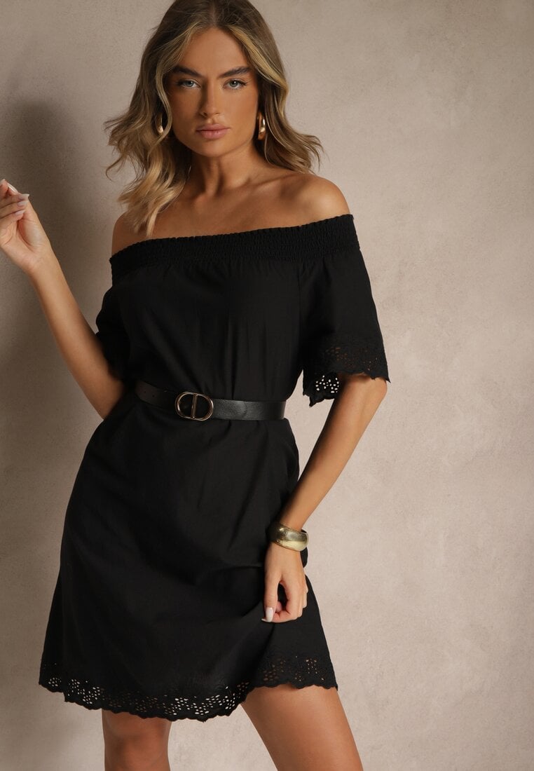 Rochie Neagră cu croială spaniolă din bumbac cu ornamente ajurate Filviana