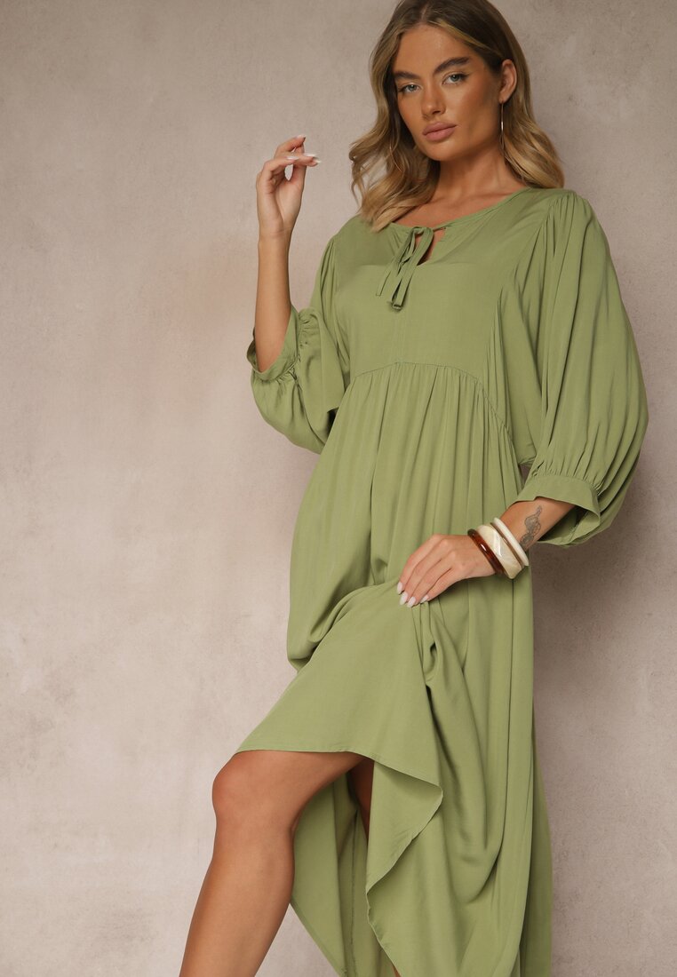 Rochie de Vâscoză Verde cu croială evazată legată la decolteu Tilvessa