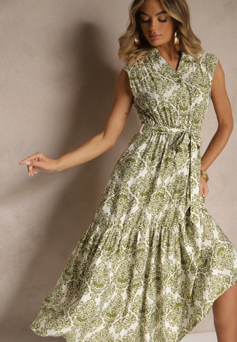 Rochie Verde din Viscoză Fără Mâneci cu Cordon Filanesse