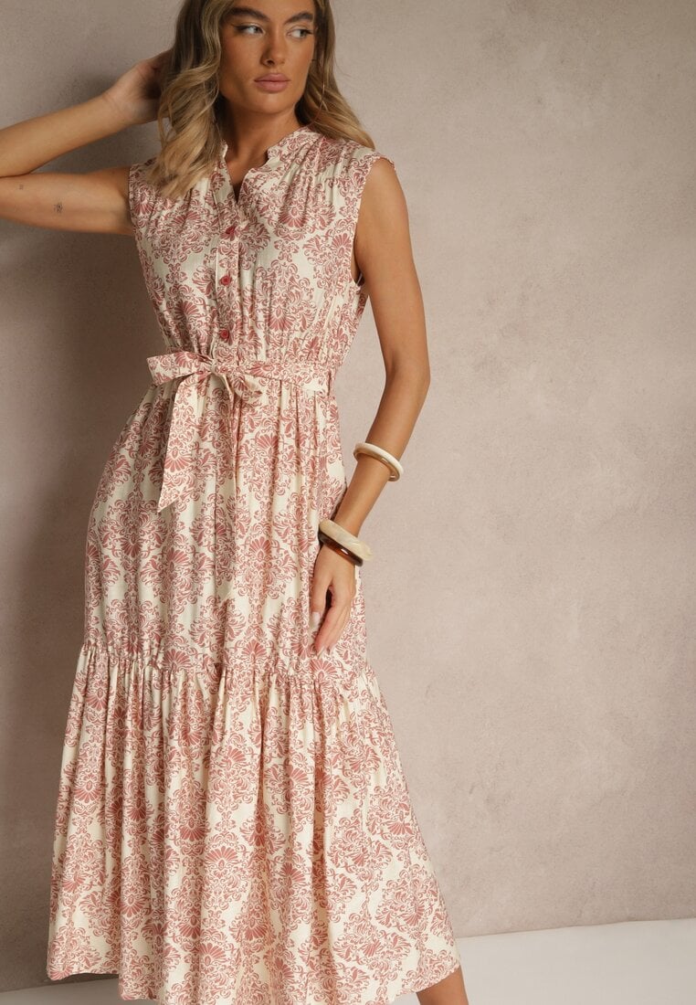 Rochie Roz din Viscoză Fără Mâneci cu Curea cu Nod Filanesse