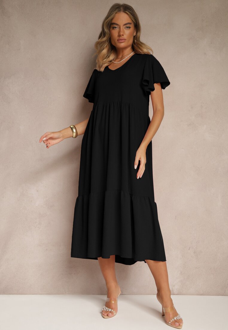 Rochie Neagră Evazată din Viscoză în Stil Casual Filarenna