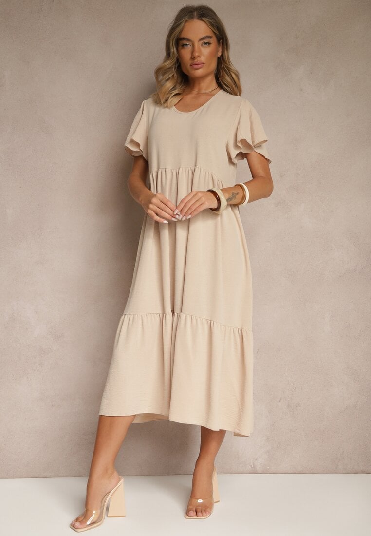 Rochie bej deschis evazată cu vâscoză în stil casual Filarenna