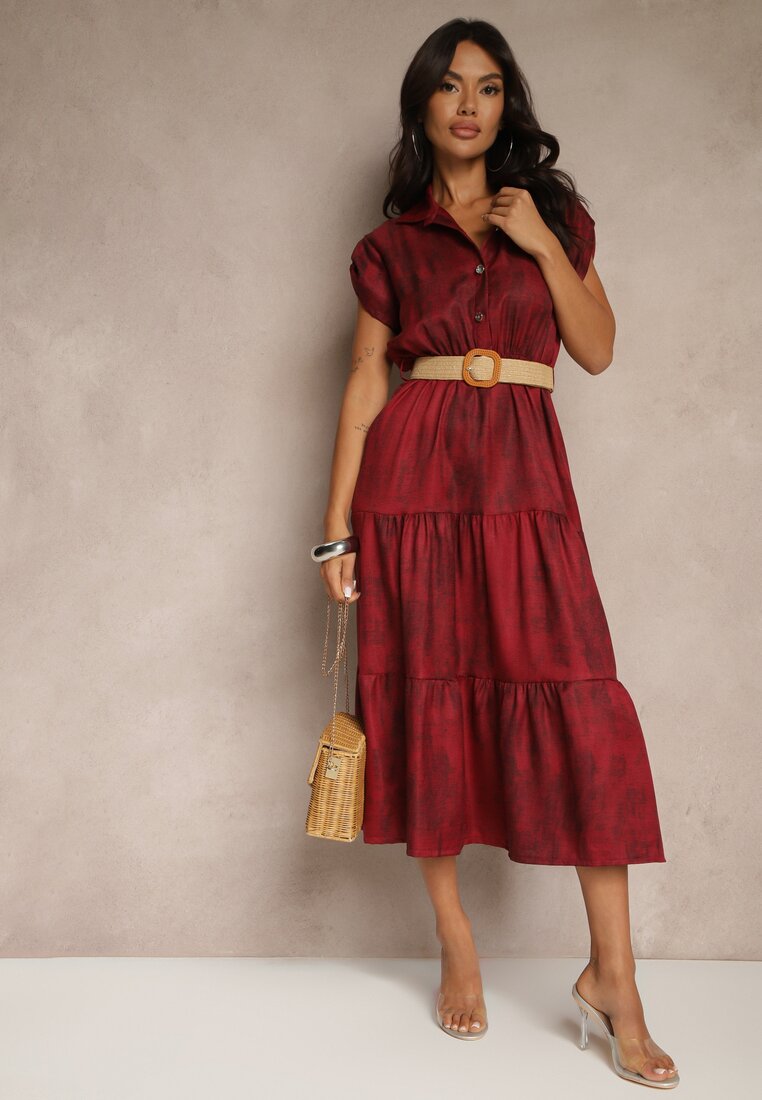 Rochie Bordo Decorată cu curea împletită și nasturi Filianea