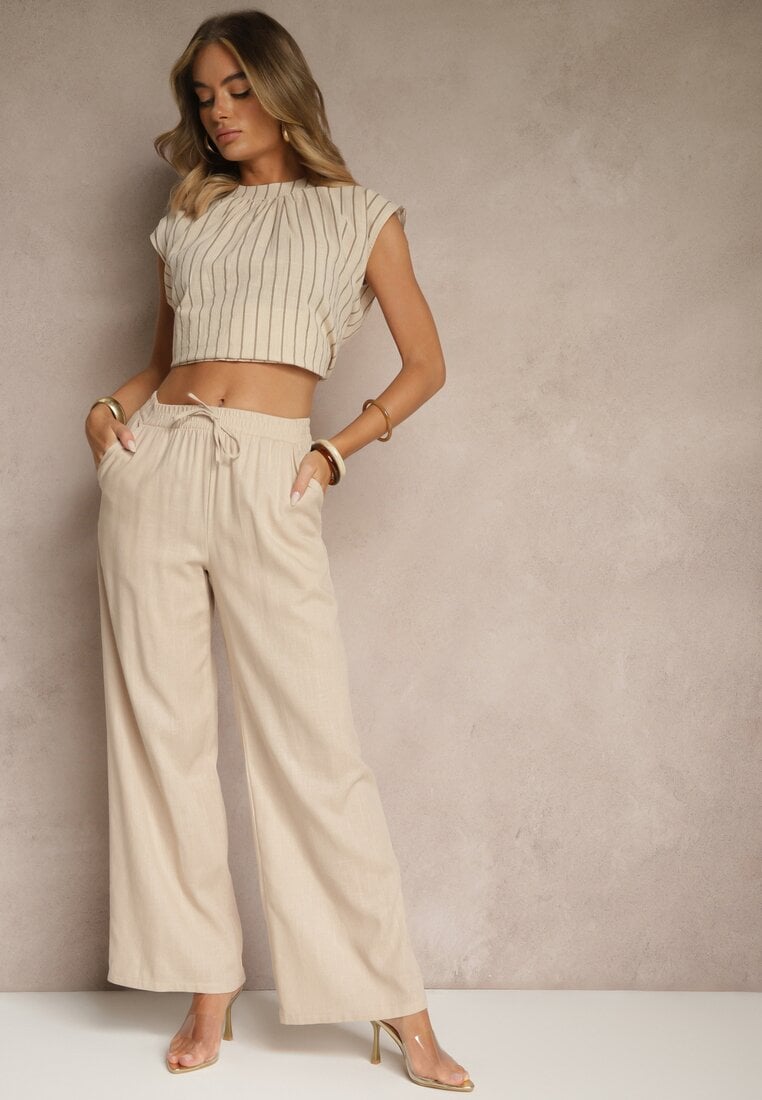 Pantaloni Bej deschis din in croi larg cu elastic în talie Filarive