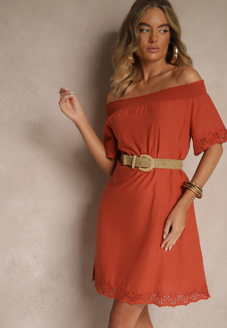 Rochie Portocalie cu croială spaniolă din Bumbac cu Decorațiuni Ajurate Filviana