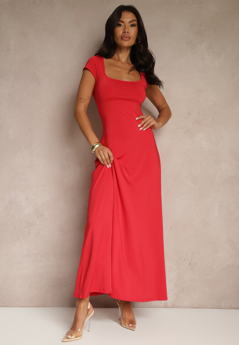 Rochie Roșie Cloș din Viscoză cu Decolteu Pătrat Nalorina