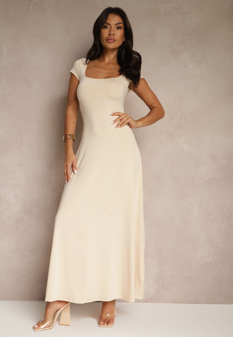 Rochie Bej deschis Evazată cu viscoză cu decolteu pătrat Nalorina