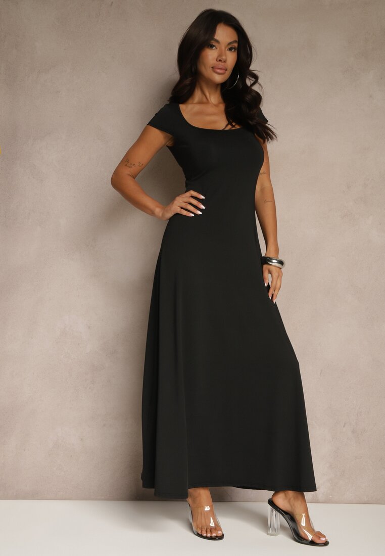 Rochie Negru Evazată cu Viscoză cu Decolteu Pătrat Nalorina