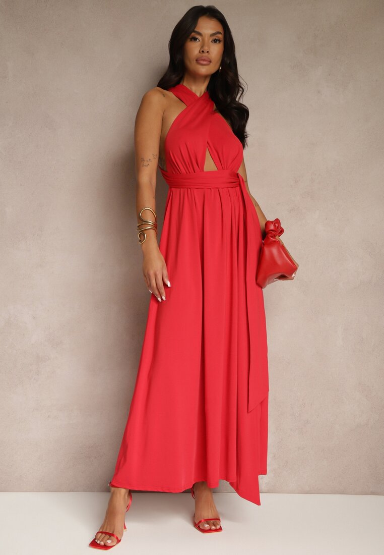 Rochie Cocktail Roșie Multiway din Viscoză Legată la Gât Lilovea