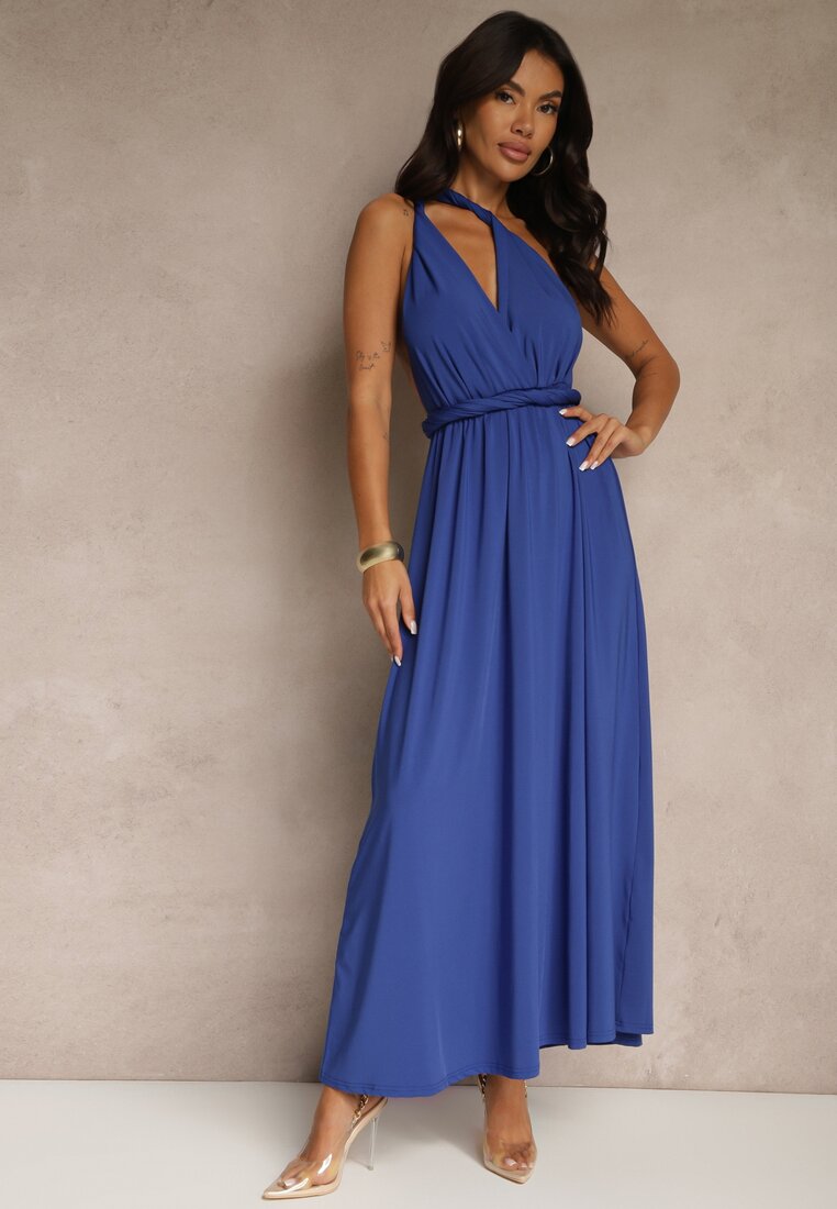 Rochie Albastră de cocktail multi-way cu vâscoză legată la gât Lilovea