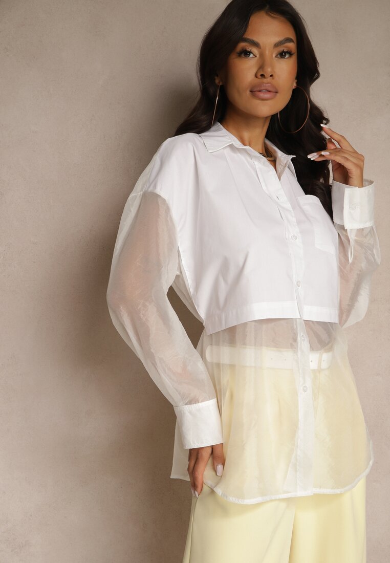 Cămașă Albă Decorată cu Mâneci Transparente Tilaria