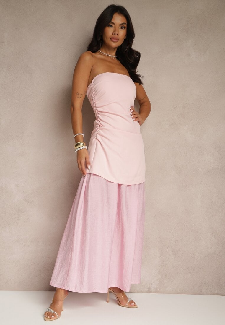 Rochie de cocktail Roz cu decolteu Bandeau Ornată cu drapaje Folimmea