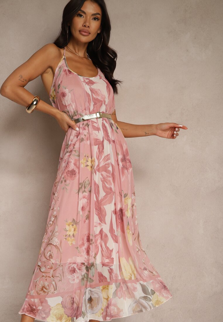 Rochie Roz de plasă din Viscoză cu imprimeu floral Izaleira