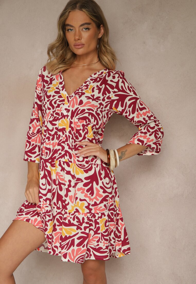 Rochie Galben-Bordo din Viscoză cu Croială Cloș cu Imprimeu Abstract Lirese