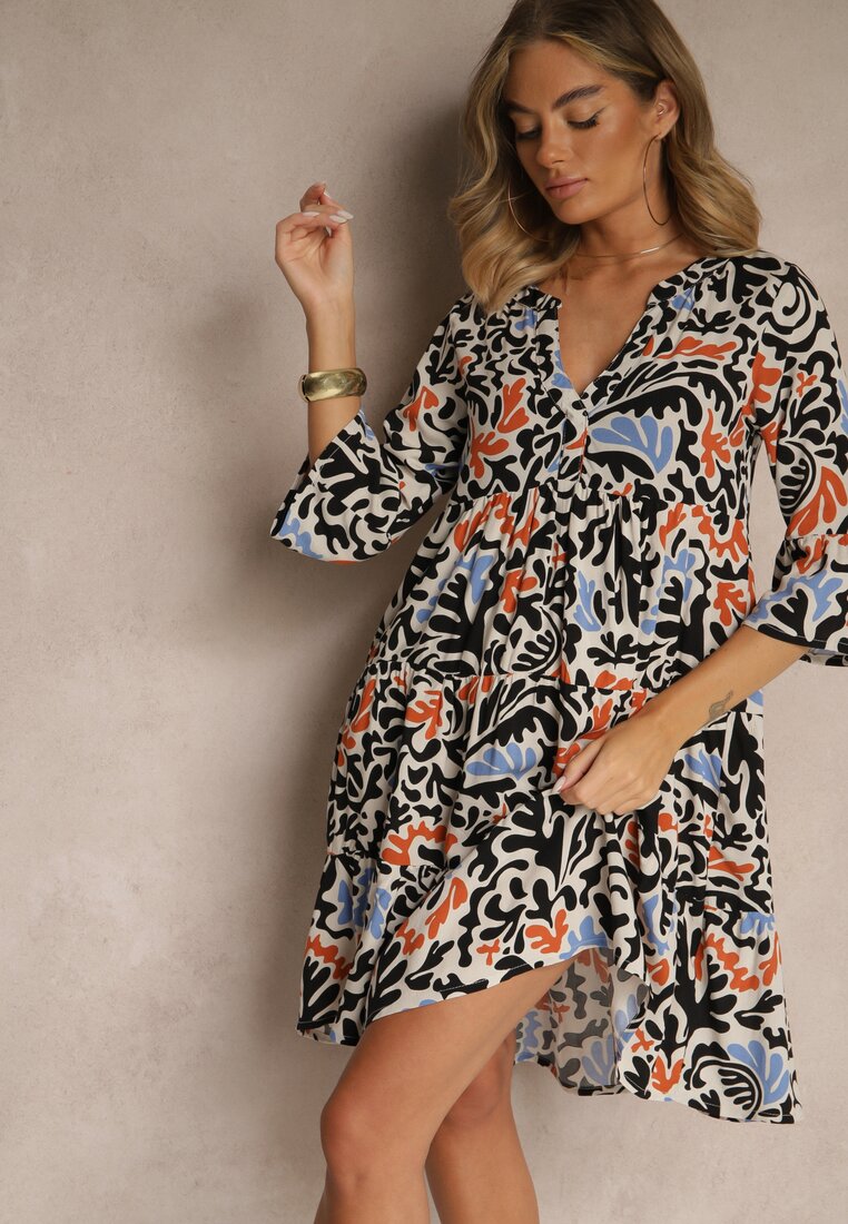 Rochie Negru-Bej din Viscoză cu Croială Cloș cu Imprimeu Abstract Lirese