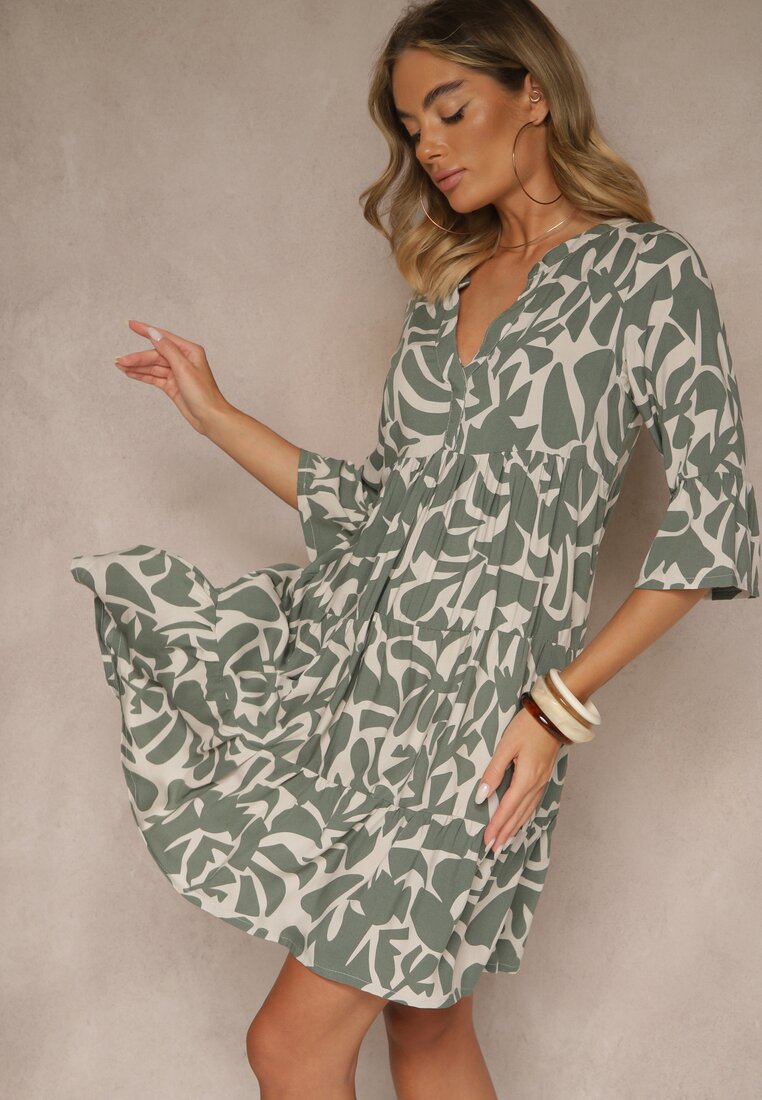 Rochie Verde închis din Vâscoză cu croială evazată cu model abstract Lirese