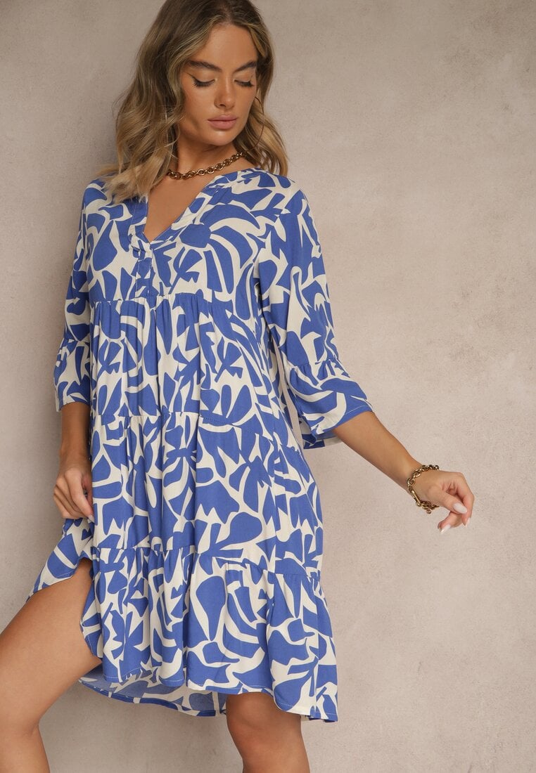 Rochie Albastră din Vâscoză cu Croială Evazată cu Imprimeu Abstract Lirese