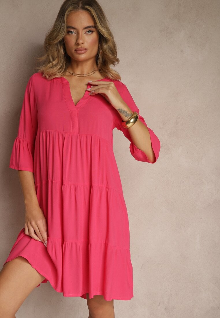 Rochie Roz închis de Vâscoză cu Croială Cloș Decorată cu Volane Lirione