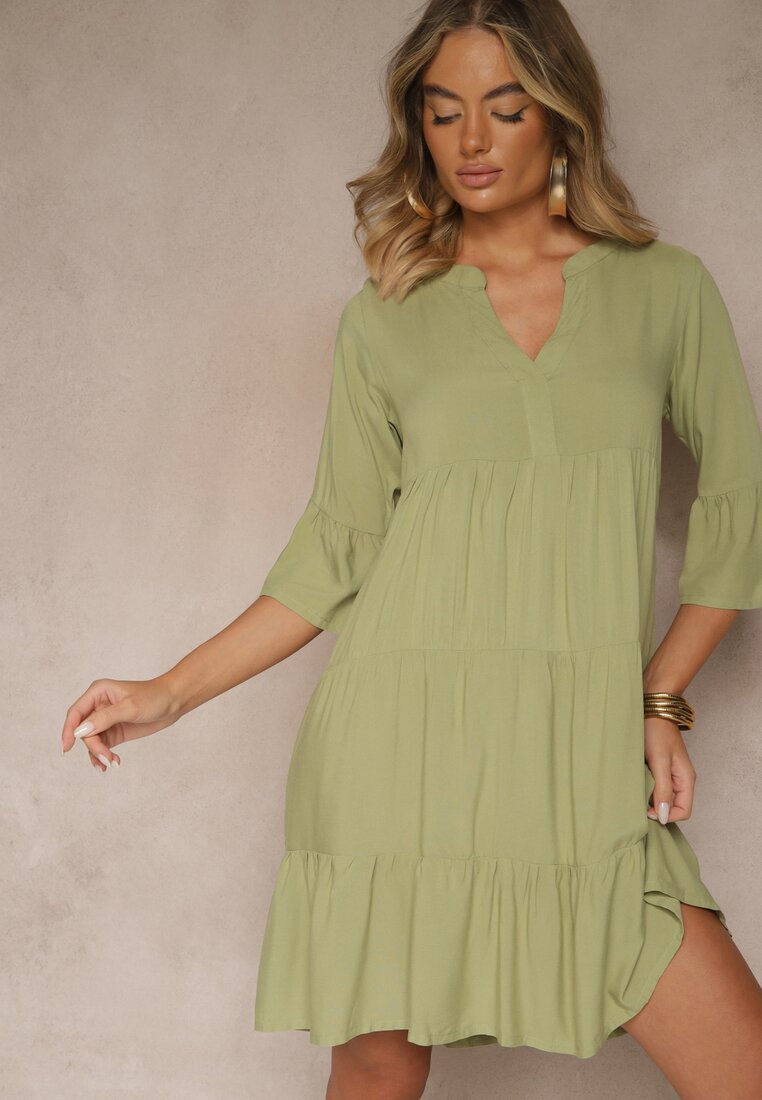 Rochie Verde Vâscoză Evazată cu volane Lirione