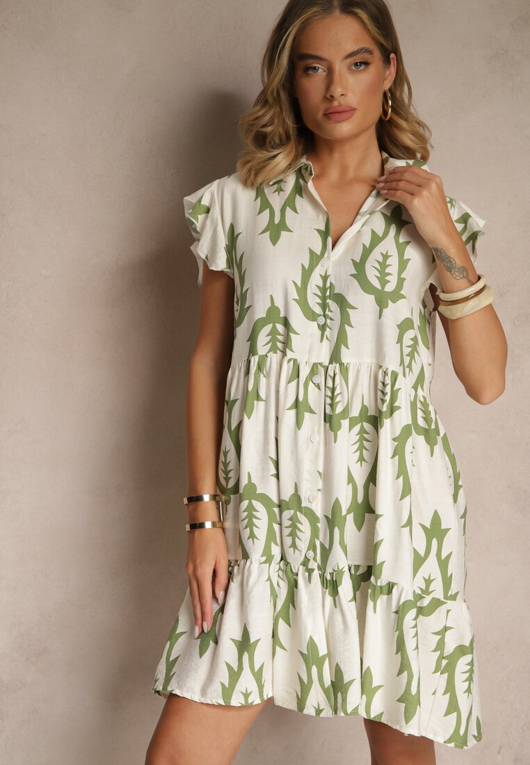 Rochie Tip Cămașă Verde din In și Viscoză cu Croială Evazată Aranese
