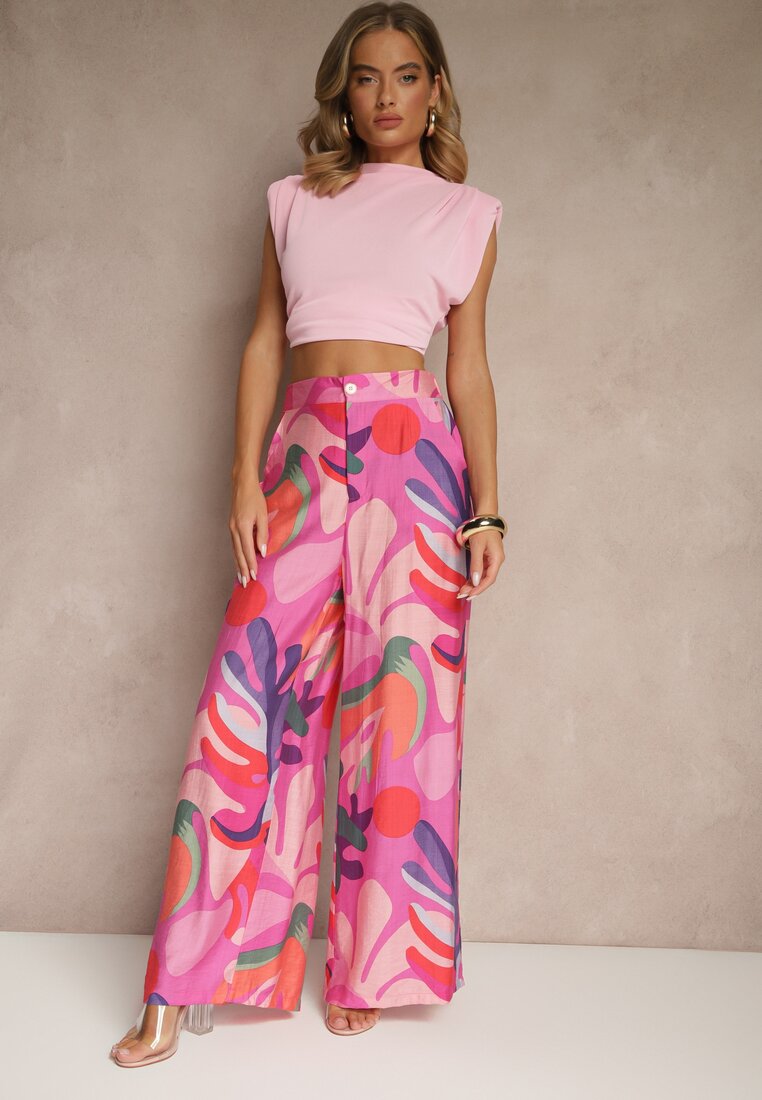 Pantaloni Fucsia din Viscoză Largi High Waist cu model de frunze Ralimia