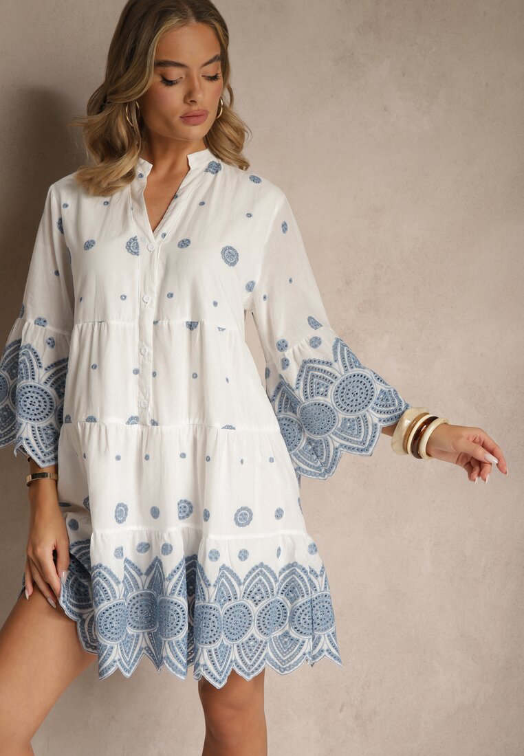 Rochie Albă Tip cutie din Bumbac Decorată cu Model Ornamental Rallanea