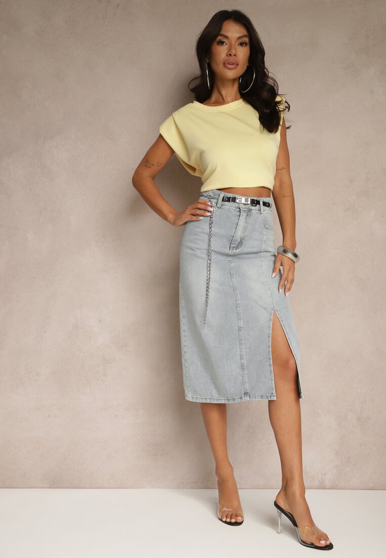 Fustă de blugi albastru deschis din bumbac cu lanț Lilurea