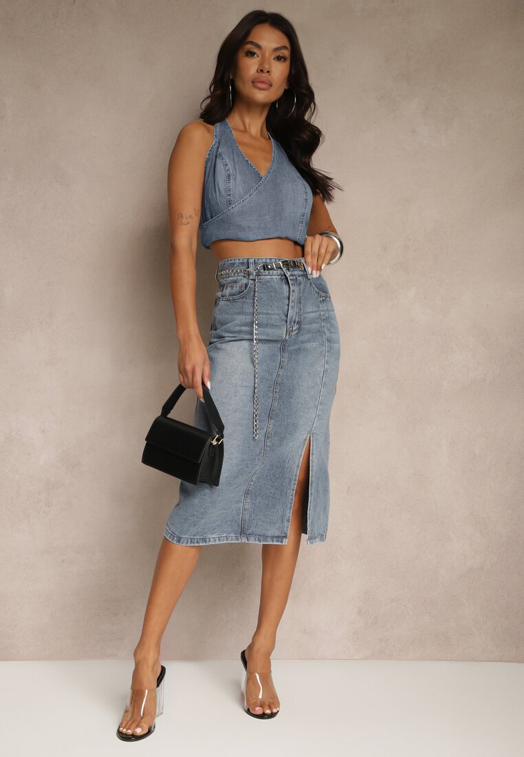 Fustă bleumarin din bumbac din denim decorată cu lanț Lilisela