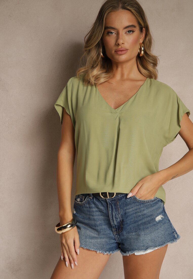 Bluză Verde din Viscoză cu Decolteu Triunghiular Tilimira