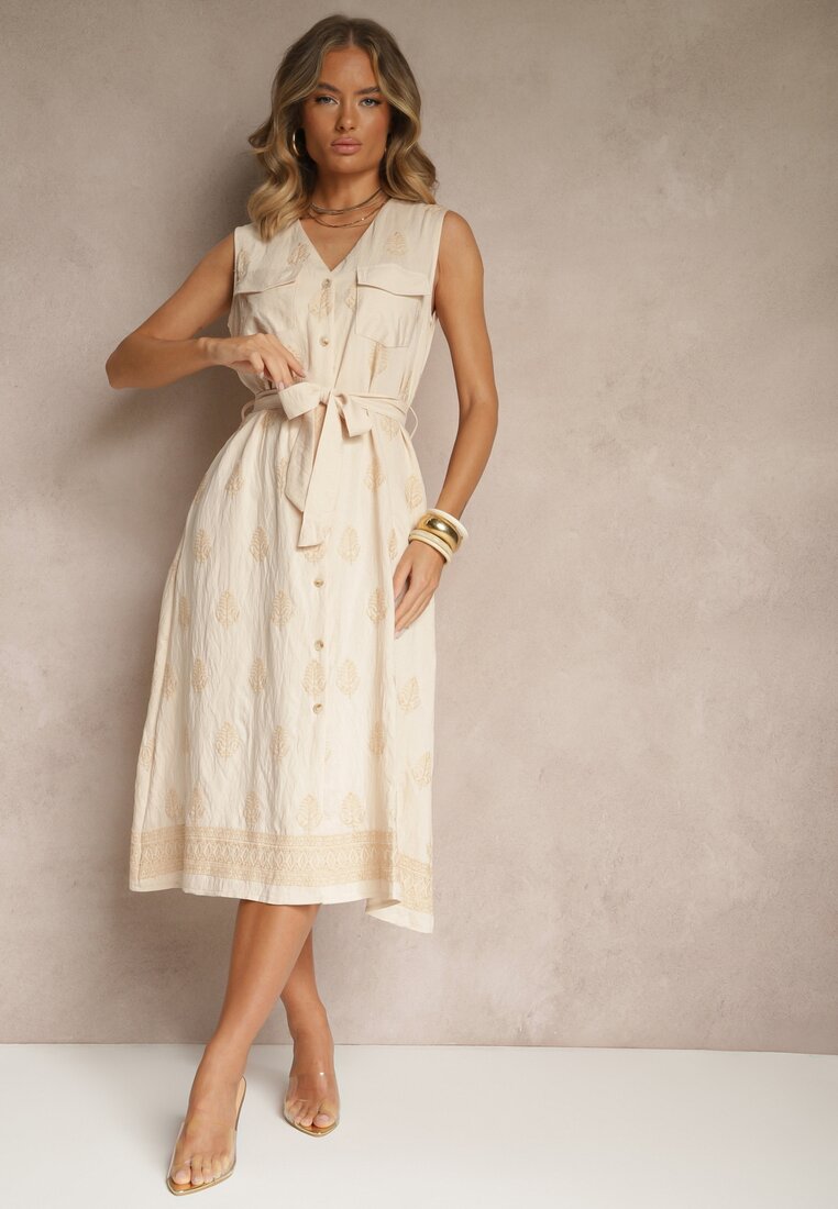 Rochie Bej tip cămașă din Viscoză Decorată cu Centură și Broderii Aralova