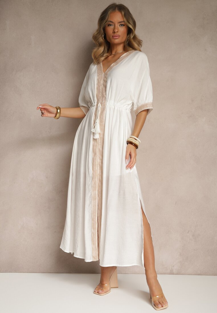 Rochie Albă din Viscoză Decorată cu Inserții Ajurate Aloviana