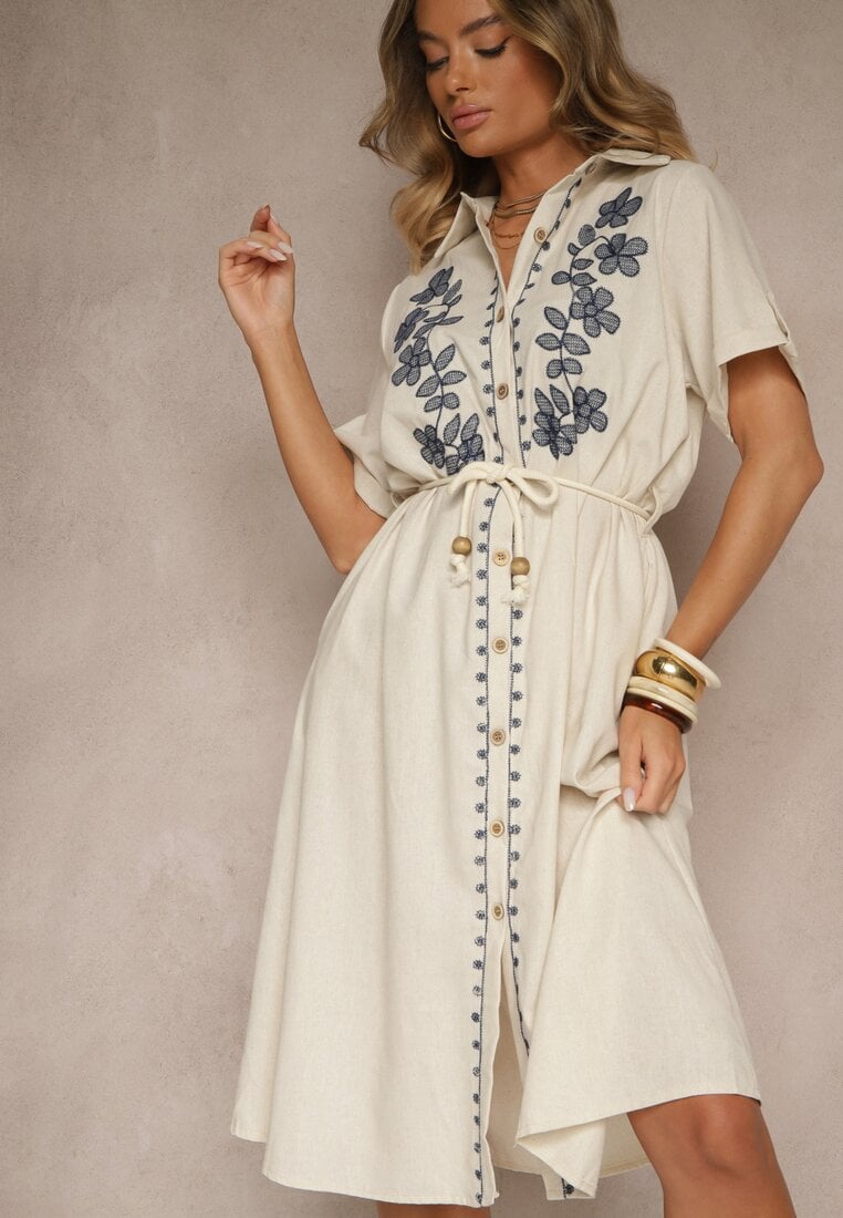 Rochie Cămașă Bej din Bumbac cu Broderie Decorativă Saviressa