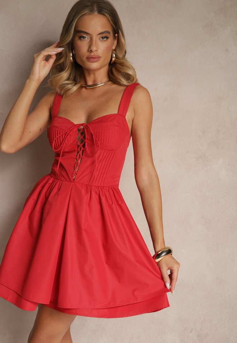 Rochie Roșie Rustică Vices din Bumbac Decorată cu Legătură Fenirelle