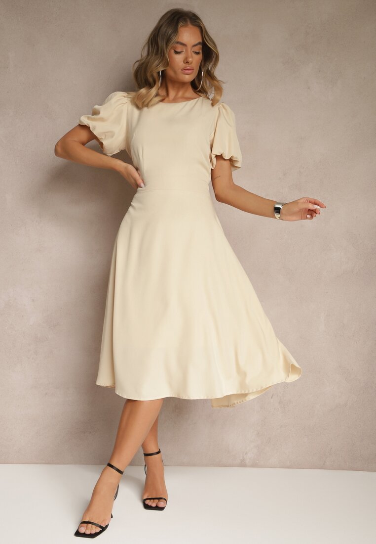 Rochie Bej Evazată Vices Decorată Cu Floare 3D Detașabilă Koleira