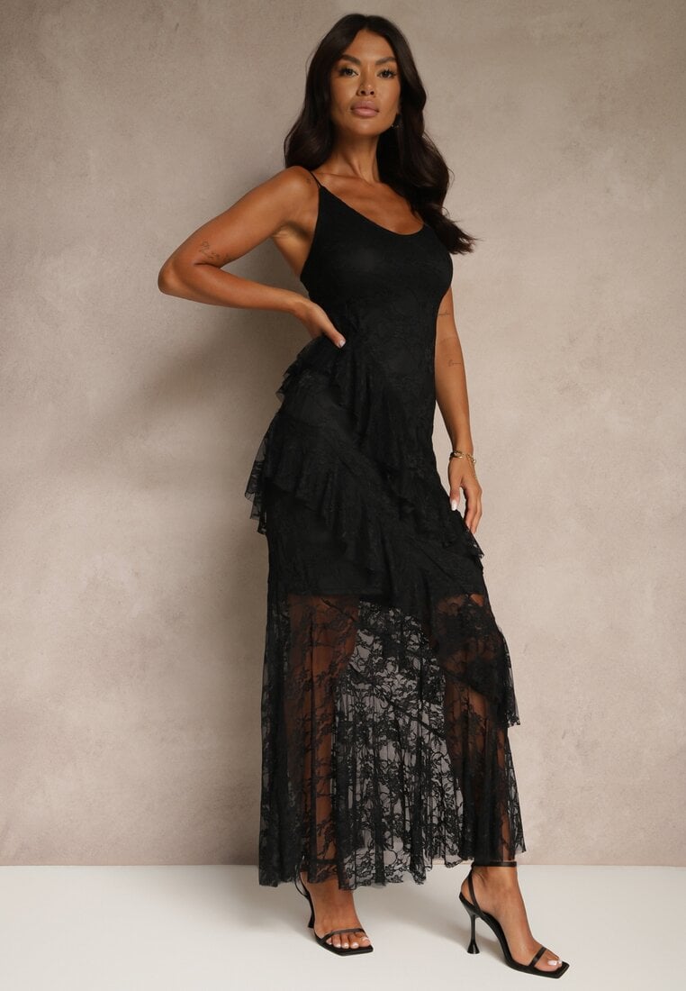 Rochie neagră din dantelă cu bretele ornată cu volane Silurelle