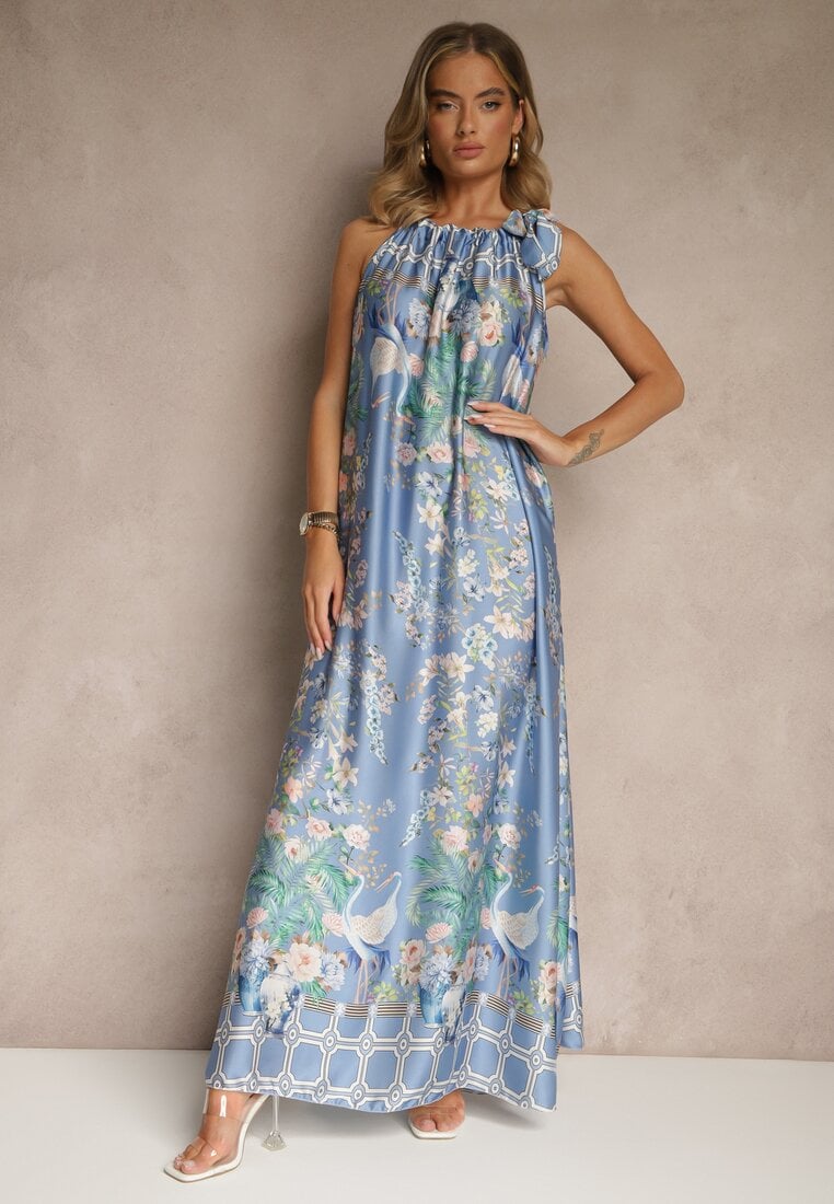 Rochie Bleu marin din Satin Decorată cu model floral și cordon Fenalesa